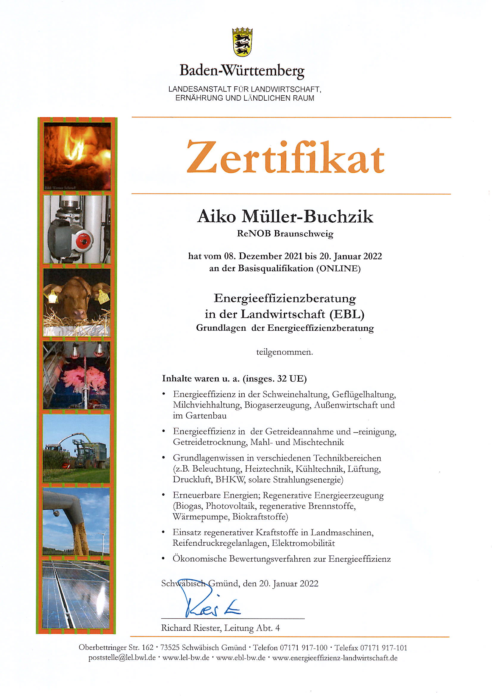 Zertifikat Effizienz in der Landwirtschaft Aiko Müller-Buchzik