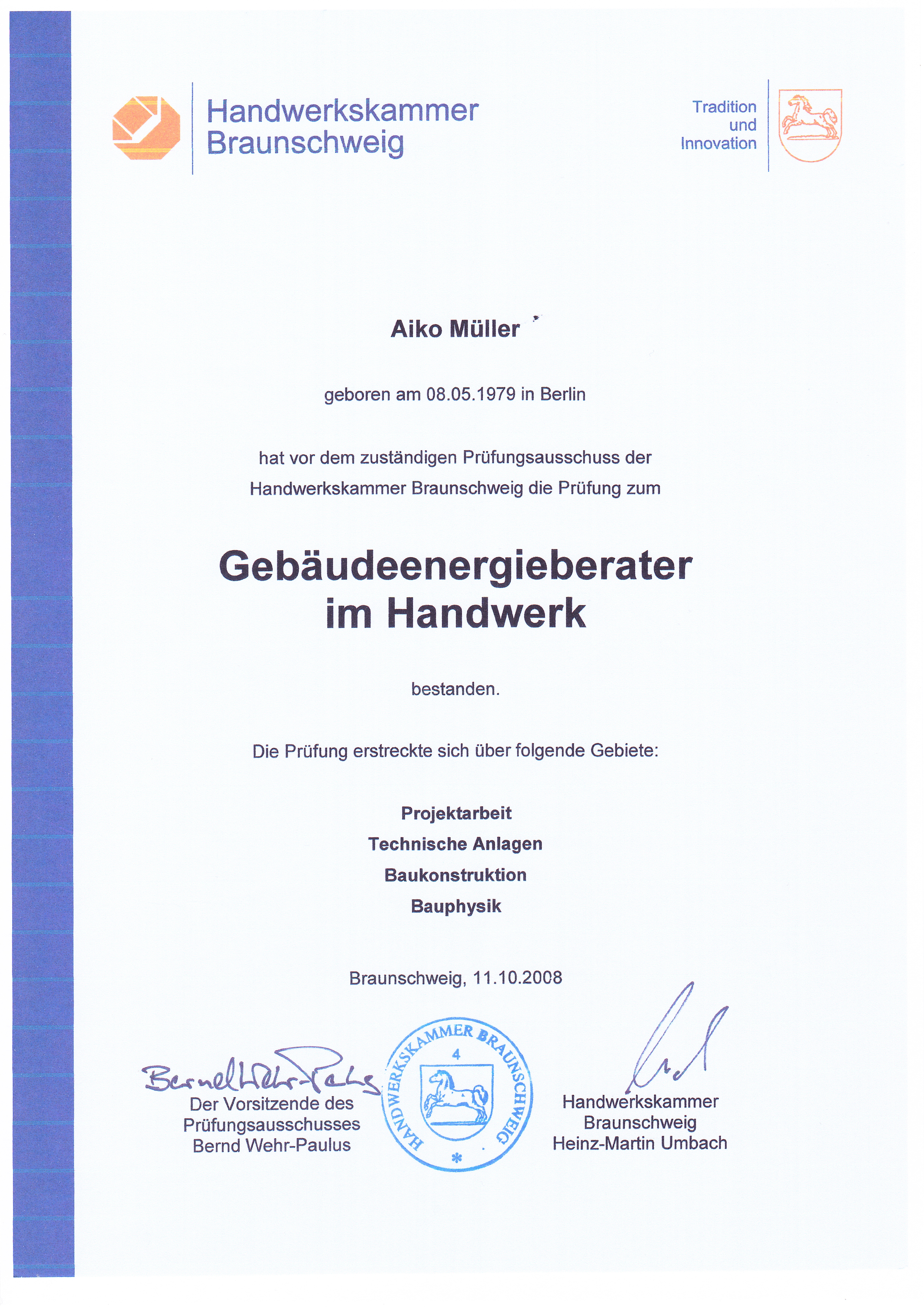 Zertifikat Energieberater für Wohngebäude Aiko Müller-Buchzik